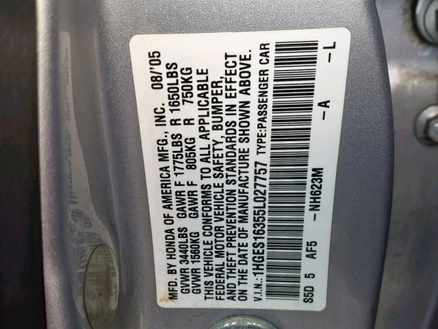 1HGES16355L027757 - 2005 HONDA CIVIC DX V SILVER photo 10