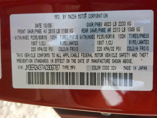 JM3ER2W37A0309787 - 2010 MAZDA CX-7 RED photo 10