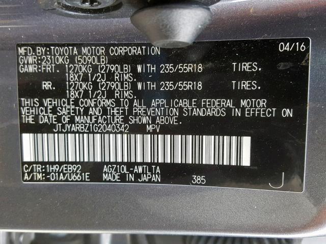 JTJYARBZ1G2040342 - 2016 LEXUS NX 200T GRAY photo 10