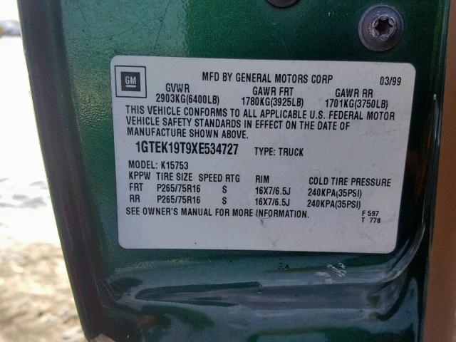 1GTEK19T9XE534727 - 1999 GMC NEW SIERRA GREEN photo 10