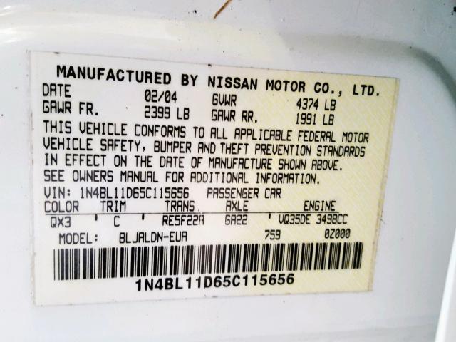 1N4BL11D65C115656 - 2005 NISSAN ALTIMA SE WHITE photo 10