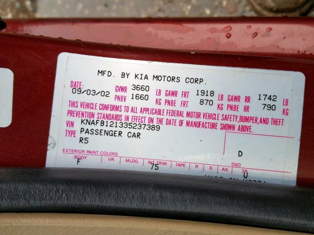 KNAFB121335237389 - 2003 KIA SPECTRA BA BURGUNDY photo 10