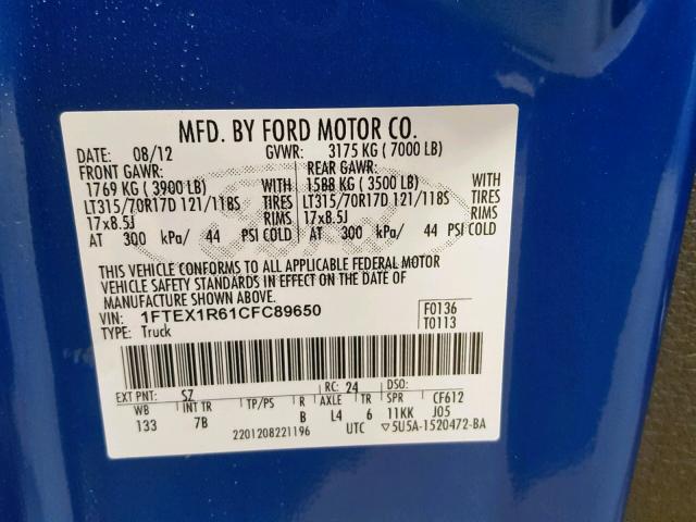 1FTEX1R61CFC89650 - 2012 FORD F150 SVT R BLUE photo 10