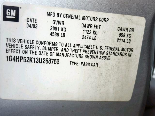 1G4HP52K13U268753 - 2003 BUICK LESABRE CU SILVER photo 10