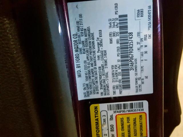 3FA6P0G79DR357438 - 2013 FORD FUSION S PURPLE photo 10