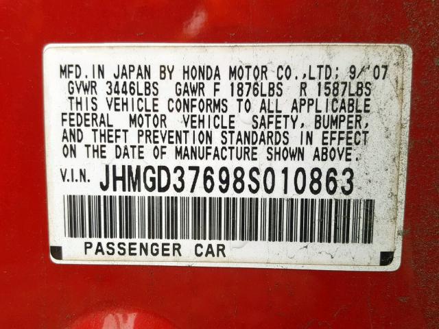 JHMGD37698S010863 - 2008 HONDA FIT SPORT RED photo 10