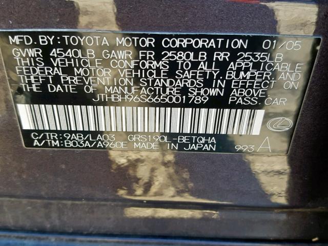 JTHBH96S665001789 - 2006 LEXUS GS GENERAT GRAY photo 10