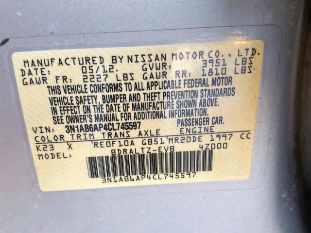 3N1AB6AP4CL745597 - 2012 NISSAN SENTRA 2.0 SILVER photo 10