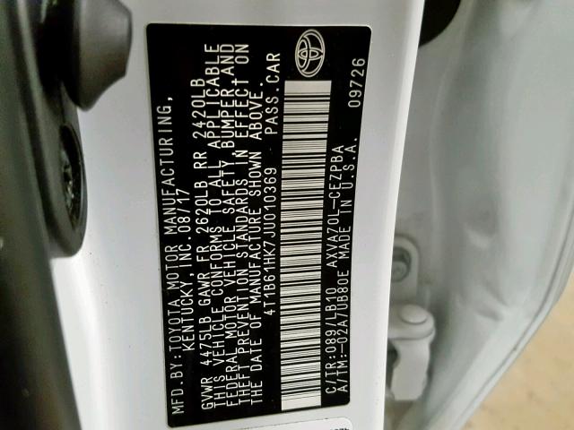 4T1B61HK7JU010369 - 2018 TOYOTA CAMRY XSE WHITE photo 10