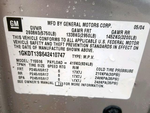 1GKDT13S642410747 - 2004 GMC ENVOY SILVER photo 10