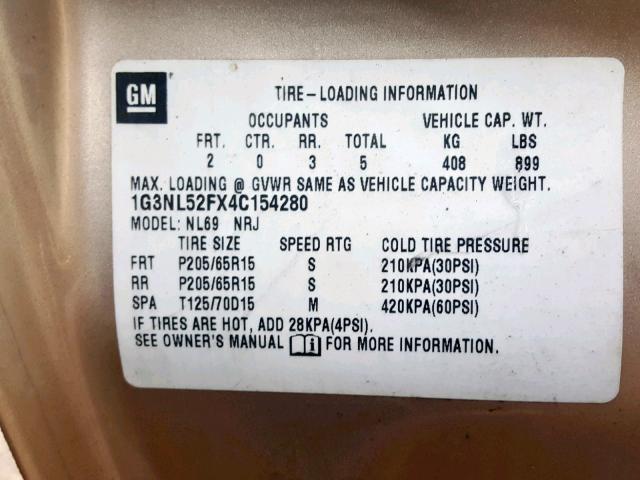 1G3NL52FX4C154280 - 2004 OLDSMOBILE ALERO GL GOLD photo 10