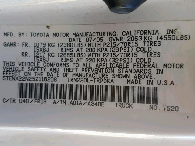 5TENX22N25Z118208 - 2005 TOYOTA TACOMA WHITE photo 10