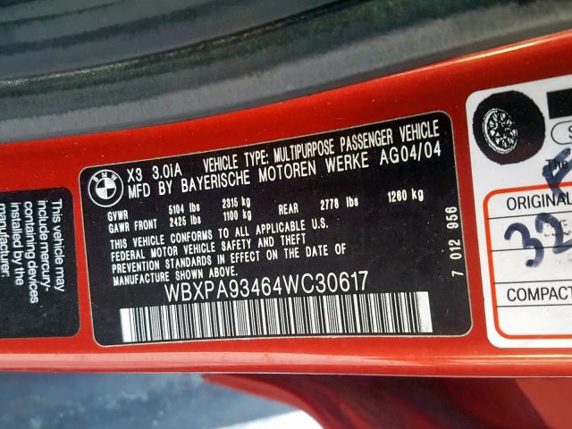 WBXPA93464WC30617 - 2004 BMW X3 3.0I RED photo 10