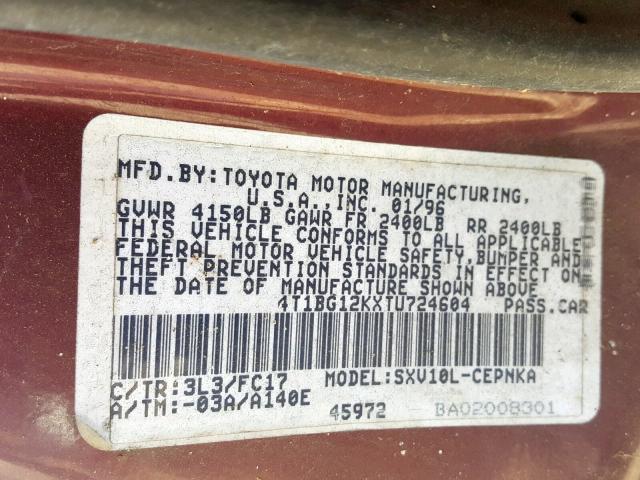 4T1BG12KXTU724604 - 1996 TOYOTA CAMRY DX BURGUNDY photo 10