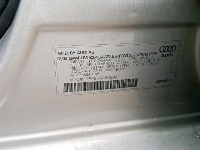 WAUKF78E67A066604 - 2007 AUDI A4 2.0T AV SILVER photo 10