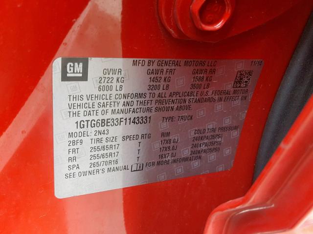 1GTG6BE33F1143331 - 2015 GMC CANYON SLE RED photo 10