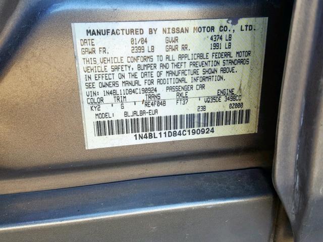 1N4BL11D84C190924 - 2004 NISSAN ALTIMA SE GRAY photo 10