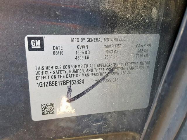 1G1ZB5E17BF153824 - 2011 CHEVROLET MALIBU LS GRAY photo 10
