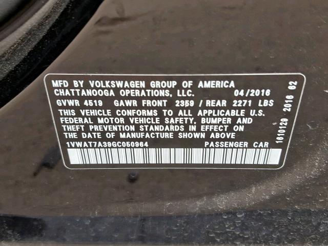 1VWAT7A39GC050964 - 2016 VOLKSWAGEN PASSAT S BLACK photo 10