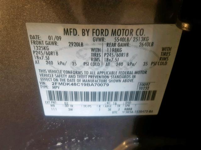 2FMDK48C19BA70079 - 2009 FORD EDGE SEL GRAY photo 10