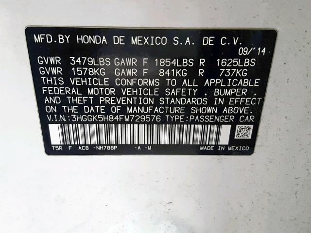 3HGGK5H84FM729576 - 2015 HONDA FIT EX WHITE photo 10