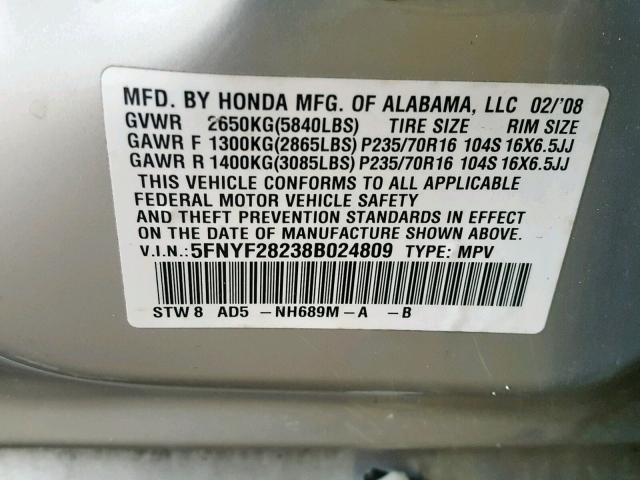 5FNYF28238B024809 - 2008 HONDA PILOT VP SILVER photo 10