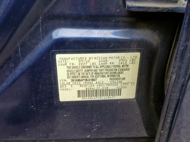 3N1AB6AP1BL618627 - 2011 NISSAN SENTRA 2.0 BLUE photo 10