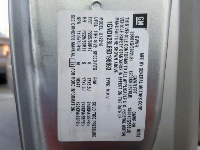 1GNDV23L66D198693 - 2006 CHEVROLET UPLANDER L Gümüş foto 10