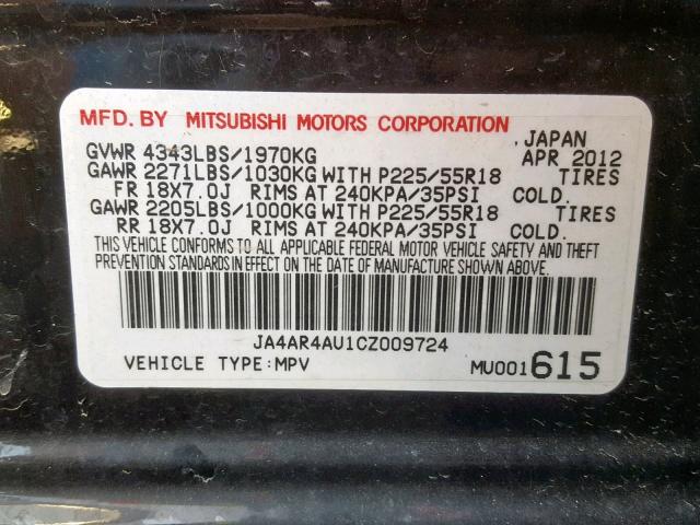 JA4AR4AU1CZ009724 - 2012 MITSUBISHI OUTLANDER BLACK photo 10