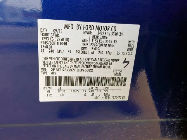 2FMTK3G87FBB95022 - 2015 FORD EDGE SE BLUE photo 10