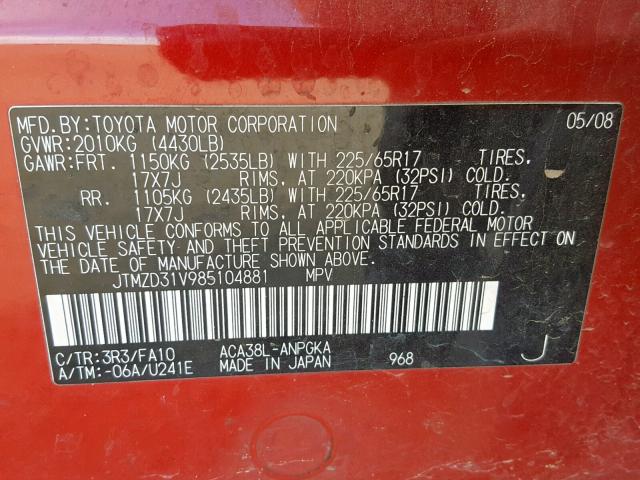 JTMZD31V985104881 - 2008 TOYOTA RAV4 LIMIT RED photo 10