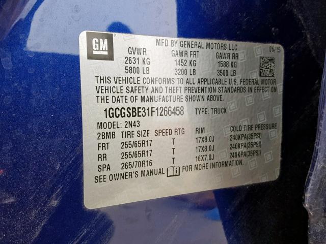 1GCGSBE31F1266458 - 2015 CHEVROLET COLORADO L BLUE photo 10