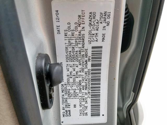 JTJBT20XX50073955 - 2005 LEXUS GX 470 GRAY photo 10