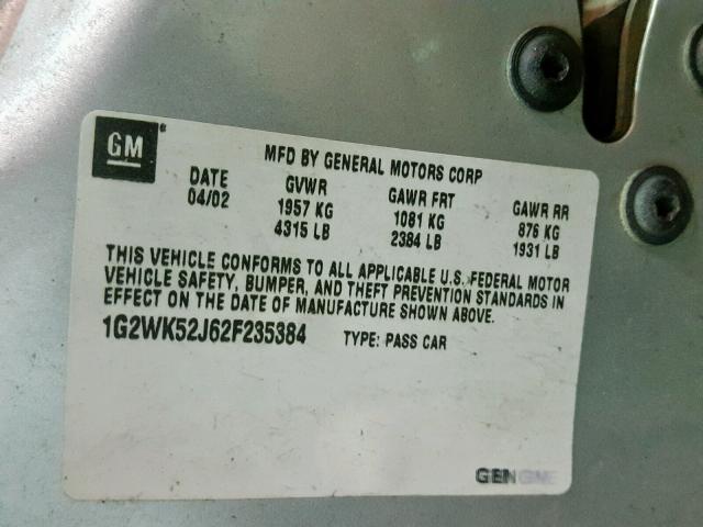 1G2WK52J62F235384 - 2002 PONTIAC GRAND PRIX GRAY photo 10