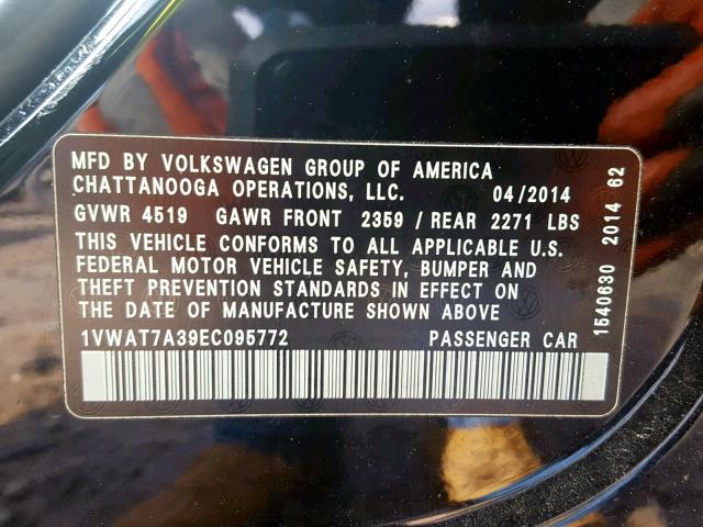 1VWAT7A39EC095772 - 2014 VOLKSWAGEN PASSAT S BLACK photo 10