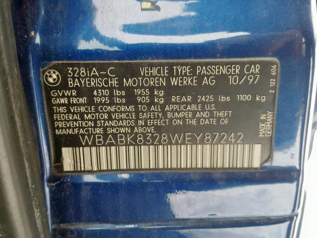 WBABK8328WEY87242 - 1998 BMW 328 IC AUT BLUE photo 10
