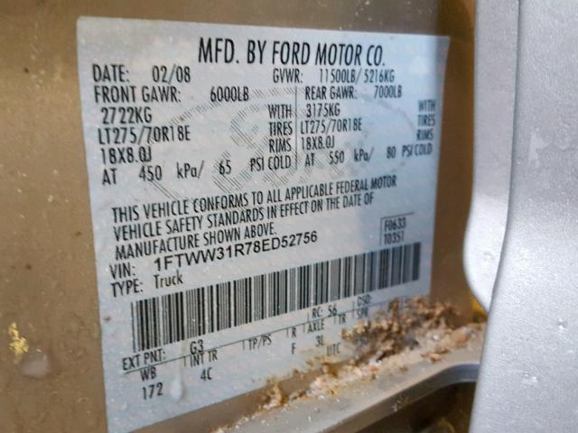 1FTWW31R78ED52756 - 2008 FORD F350 SRW S BEIGE photo 10