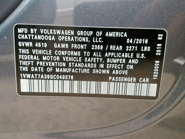 1VWAT7A39GC049376 - 2016 VOLKSWAGEN PASSAT S GRAY photo 10