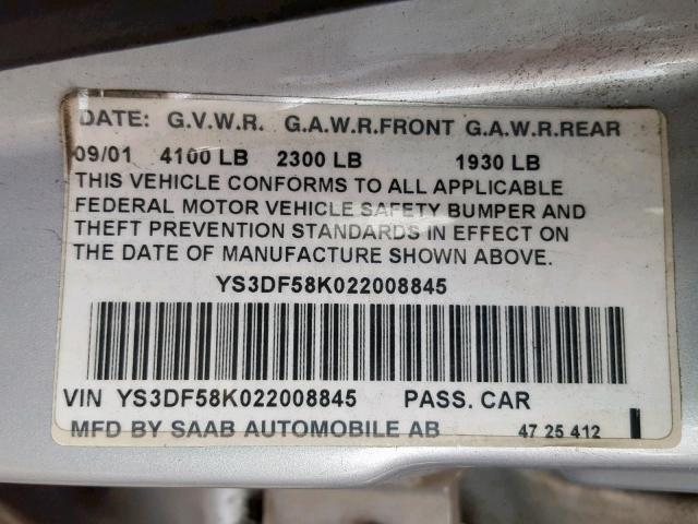 YS3DF58K022008845 - 2002 SAAB 9-3 SE SILVER photo 10