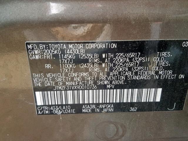 JTMZF31VX9D010736 - 2009 TOYOTA RAV4 LIMIT CHARCOAL photo 10