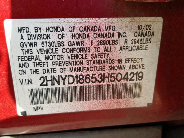 2HNYD18653H504219 - 2003 ACURA MDX TOURIN RED photo 10