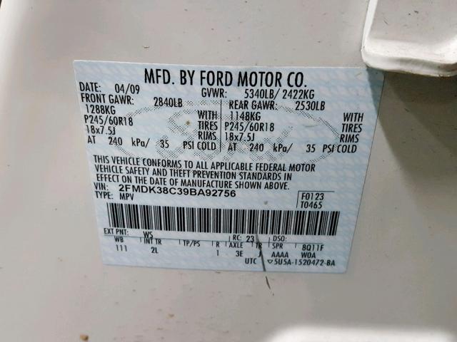 2FMDK38C39BA92756 - 2009 FORD EDGE SEL WHITE photo 10