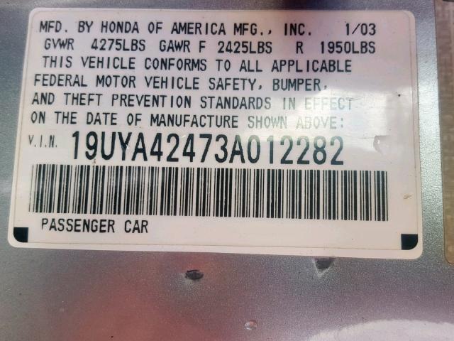 19UYA42473A012282 - 2003 ACURA 3.2CL SILVER photo 10