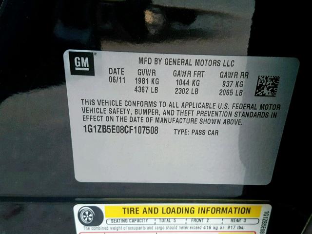 1G1ZB5E08CF107508 - 2012 CHEVROLET MALIBU LS BLACK photo 10