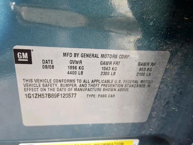 1G1ZH57B89F129577 - 2009 CHEVROLET MALIBU 1LT მწვანე ფოტო 10