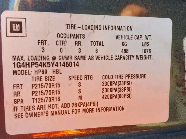 1G4HP54K5Y4146014 - 2000 BUICK LESABRE CU BLUE photo 10