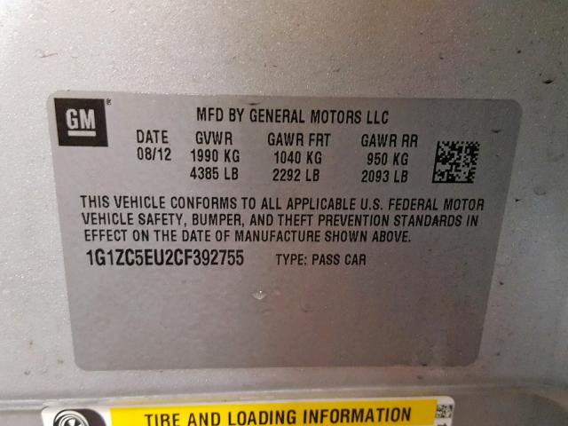 1G1ZC5EU2CF392755 - 2012 CHEVROLET MALIBU 1LT 银色 照片 10