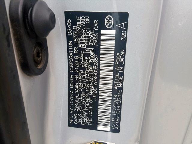 JTKDE167450052857 - 2005 TOYOTA SCION TC 银色 照片 10