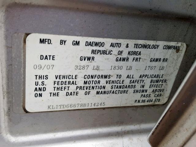 KL1TD66678B114245 - 2008 CHEVROLET AVEO BASE ვერცხლისფერი ფოტო 10