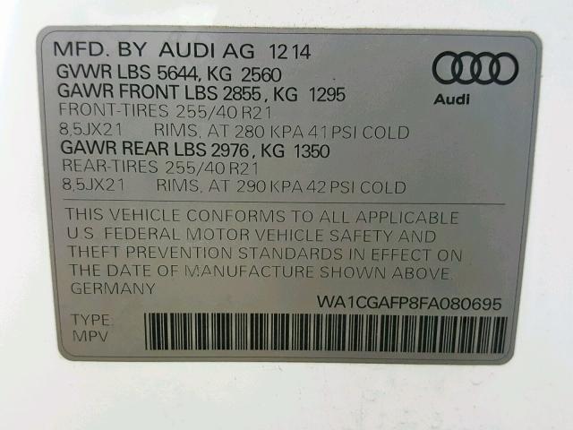 WA1CGAFP8FA080695 - 2015 AUDI SQ5 PREMIU WHITE photo 10